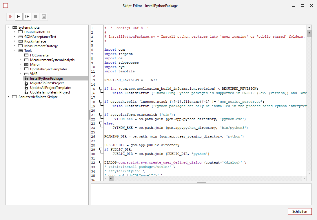 Screenshot des Skripteditors der Messsoftware ATOS Professional bzw. GOM Inspect Professional.
