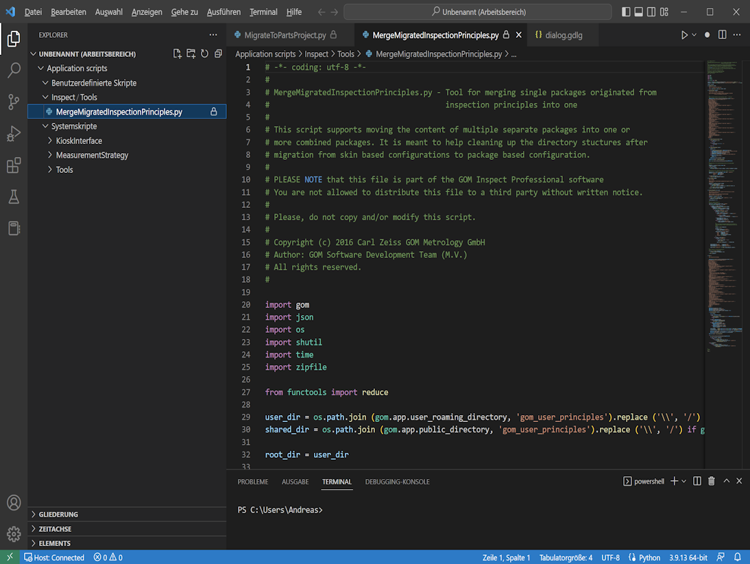 Screenshot des Fensters von Visual Studion Code mit Programmen aus GOM Inspect